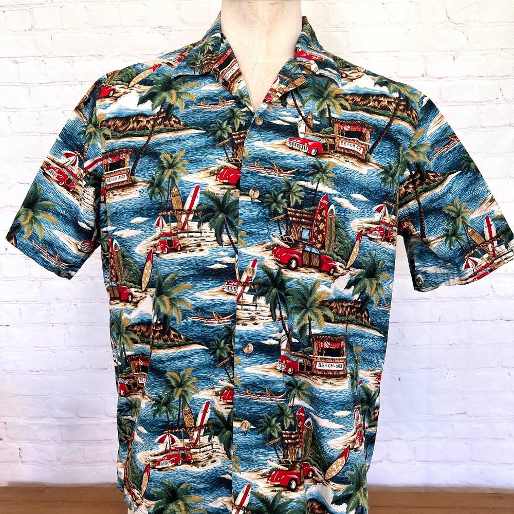 Retro Hawaiian Shirt with Woody Cars & Surfboards - Size XL - Pride of Hawaii